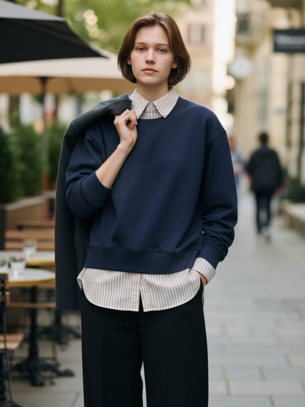 Maeve for Anthropologie Navy Layered Oversized Twofer Pullover Sweatshirt